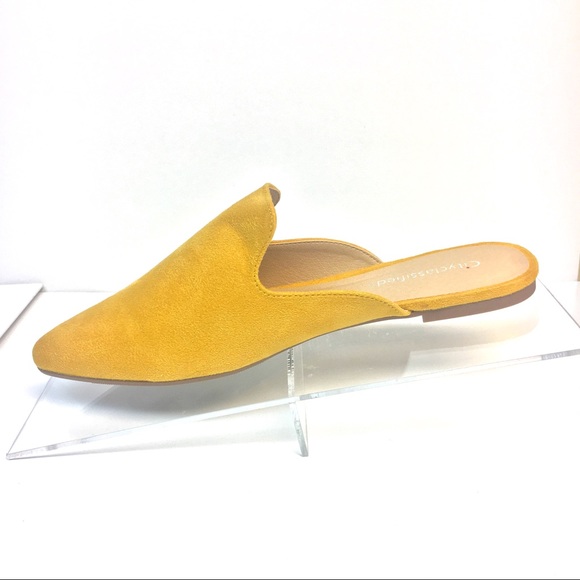 Yellow Faux Suede Mules - Rounded Toe - Picture 2 of 8